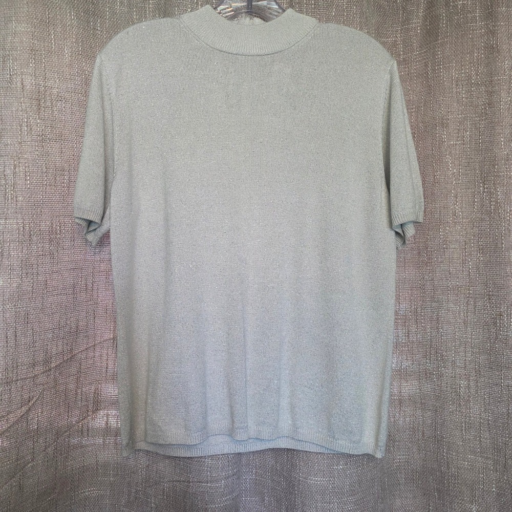 Draper's & Damon's Muted Sage Metallic Mock Neck Knit Top XL Back Zip Shimmer